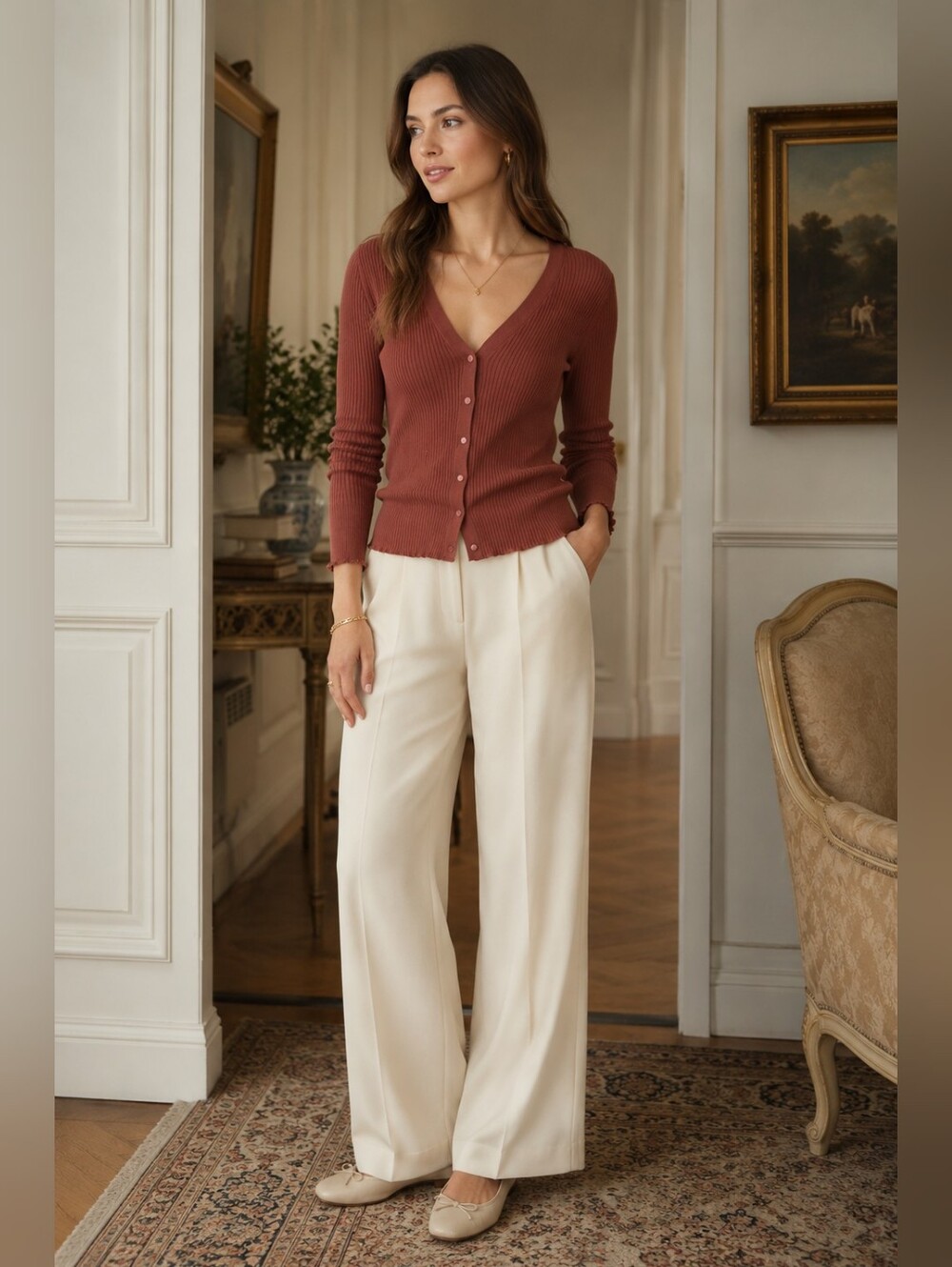 Vince 100% Cotton Ribbed V-neck Cardigan in Rust Quiet Luxury Preppy Women's M